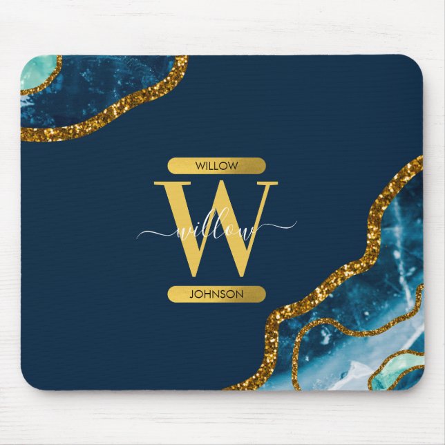 Blue & Gold Agate Geode Glitter Monogram Mouse Mat (Front)