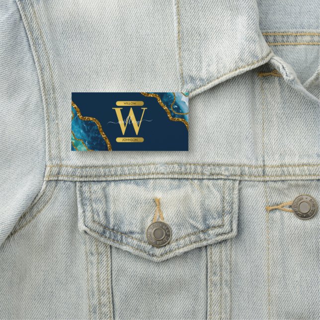 Blue & Gold Agate Geode Glitter Monogram Name Tag (In Situ)