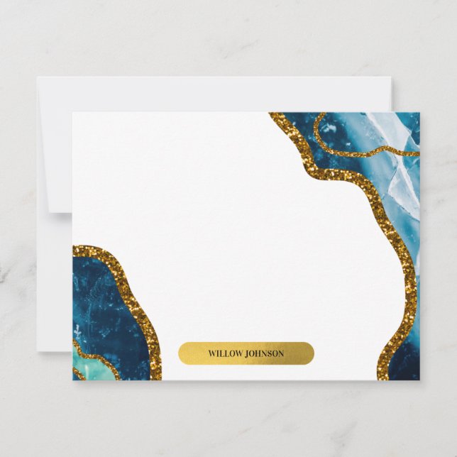 Blue & Gold Agate Geode Glitter Monogram Note Card (Front)