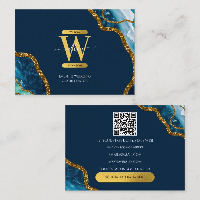 Blue Gold Agate Geode Glitter Monogram QR Code Business Card (Front/Back)