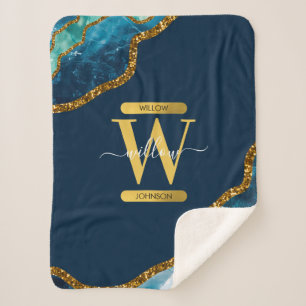 Blue & Gold Agate Geode Glitter Monogram Sherpa Blanket