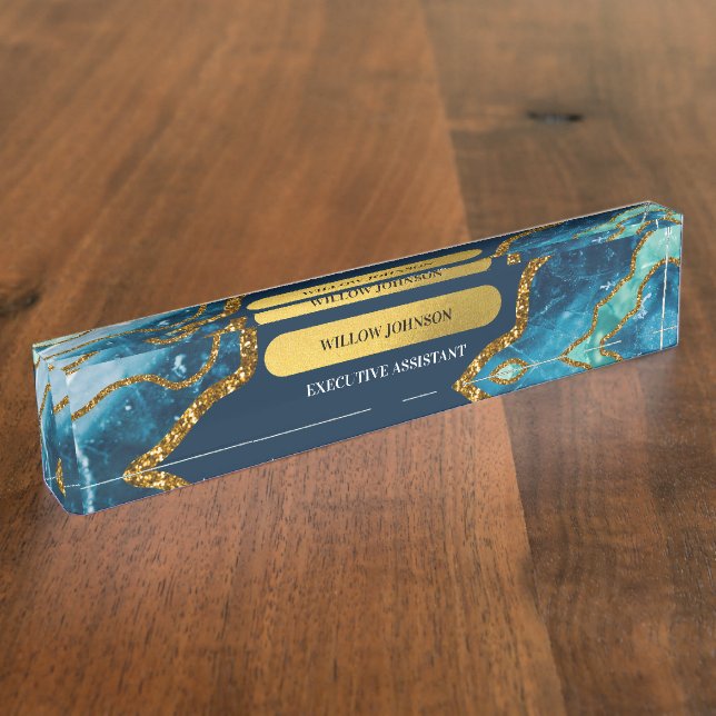 Blue & Gold Agate Geode Glitter Nameplate (Side)