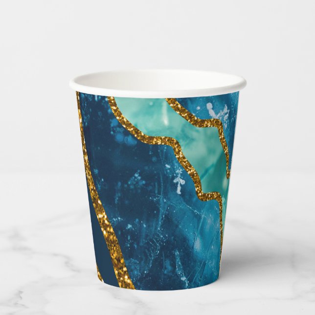 Blue & Gold Agate Geode Glitter Paper Cups (Back)