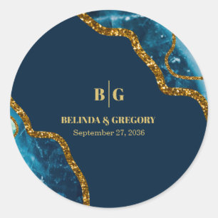 Blue & Gold Agate Geode Glitter Wedding  Classic Round Sticker