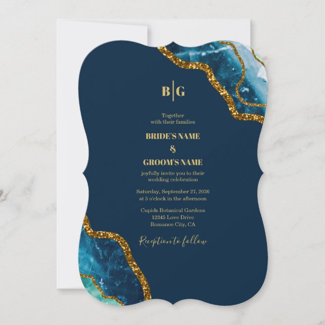 Blue & Gold Agate Geode Glitter Wedding Invitation (Front)