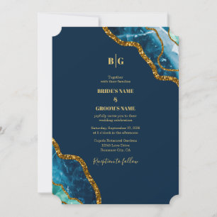 Blue & Gold Agate Geode Glitter Wedding  Invitation
