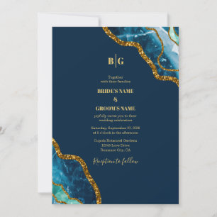 Blue & Gold Agate Geode Glitter Wedding Invitation