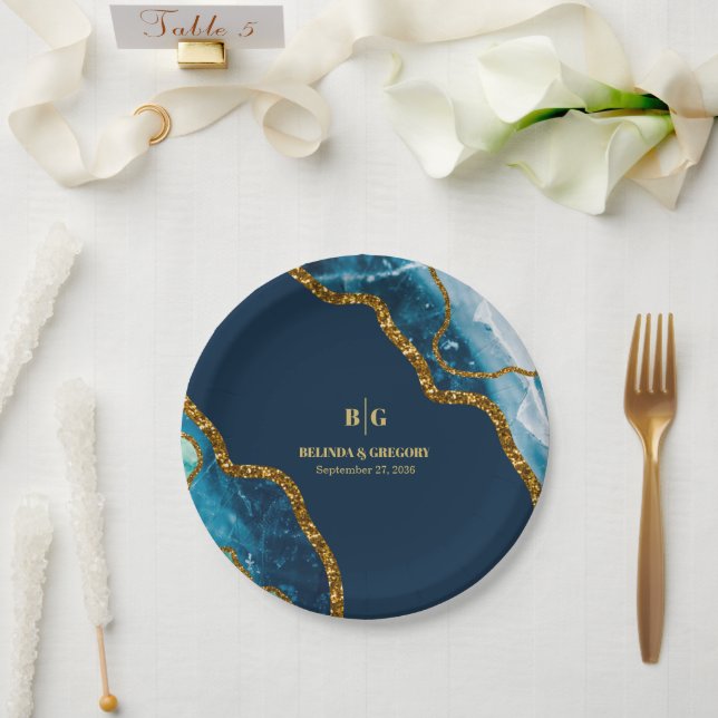Blue & Gold Agate Geode Glitter Wedding  Paper Plate (Wedding)