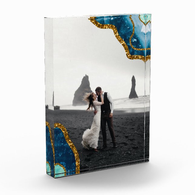 Blue & Gold Agate Geode Glitter Wedding Photo (Left)