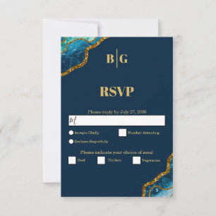 Blue & Gold Agate Geode Glitter Wedding RSVP Card