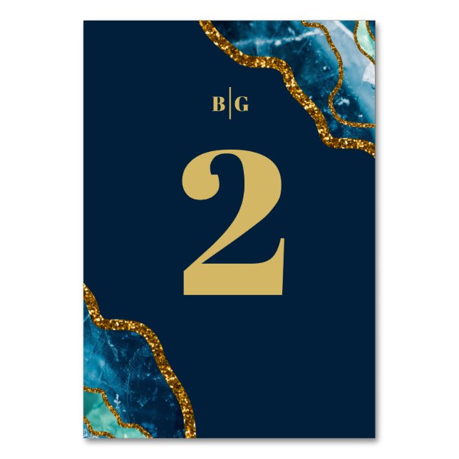 Blue & Gold Agate Geode Glitter Wedding  Table Number (Front)