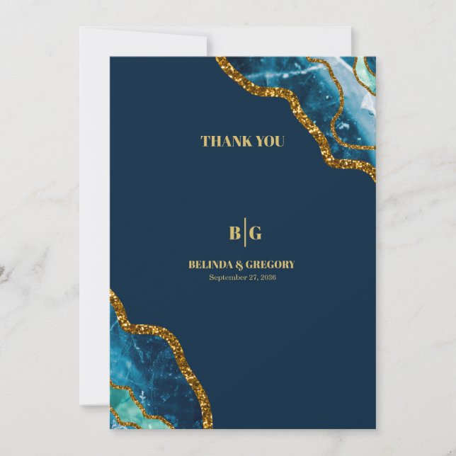 Blue & Gold Agate Geode Glitter Wedding Thank You Card (Front)