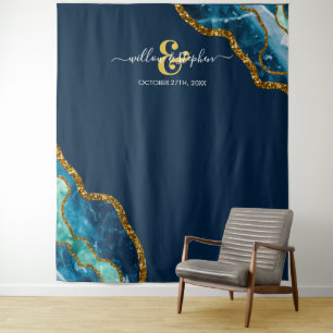 Blue Gold Agate Geode Wedding Backdrop Banner  Tapestry