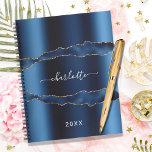 Blue gold agate marble name script 2023 planner<br><div class="desc">Blue gold agate,  marble stone print as background Personalize and add your name. The name is written with a modern hand lettered style script.</div>