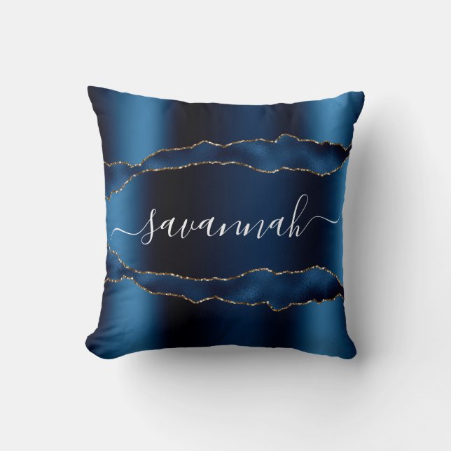 Blue gold agate marble name script cushion (Front)