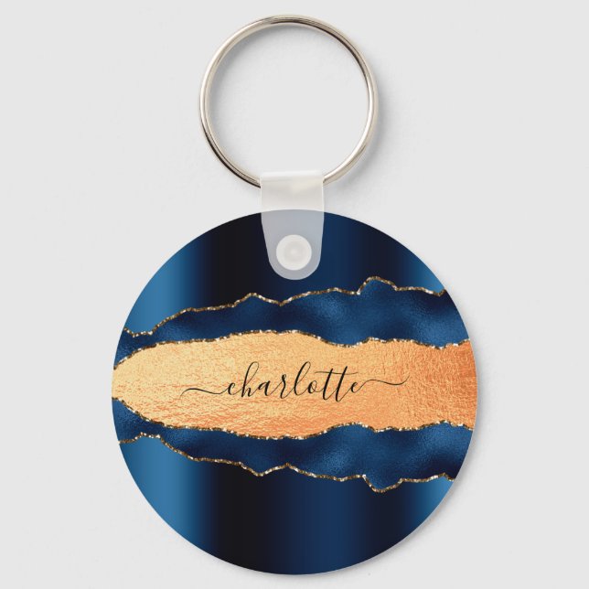 Blue gold agate marble name script key ring (Front)