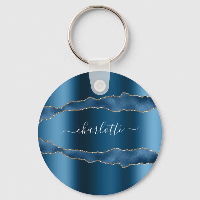 Blue gold agate marble name script key ring (Front)