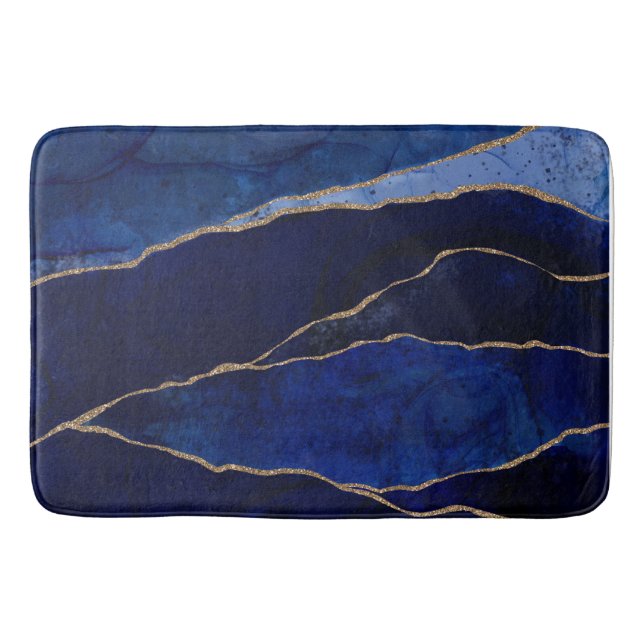 Blue & Gold Agate Modern Glam Minimal Chic Bath Ma Bath Mat (Front)