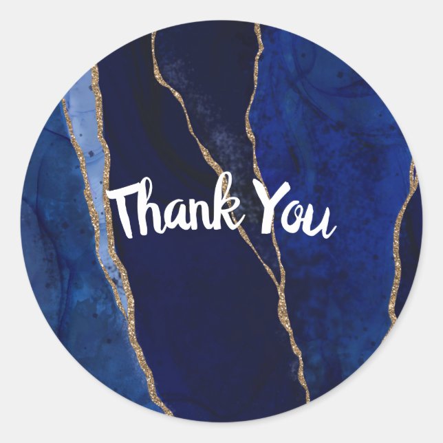 Blue & Gold Agate Modern Glam Minimal Wedding  Classic Round Sticker (Front)