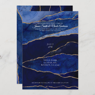 Blue & Gold Agate Modern Glam Minimal Wedding  Invitation