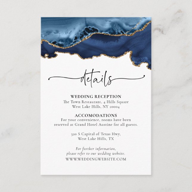 Blue Gold Agate Wedding Details Enclosure Card (Front)