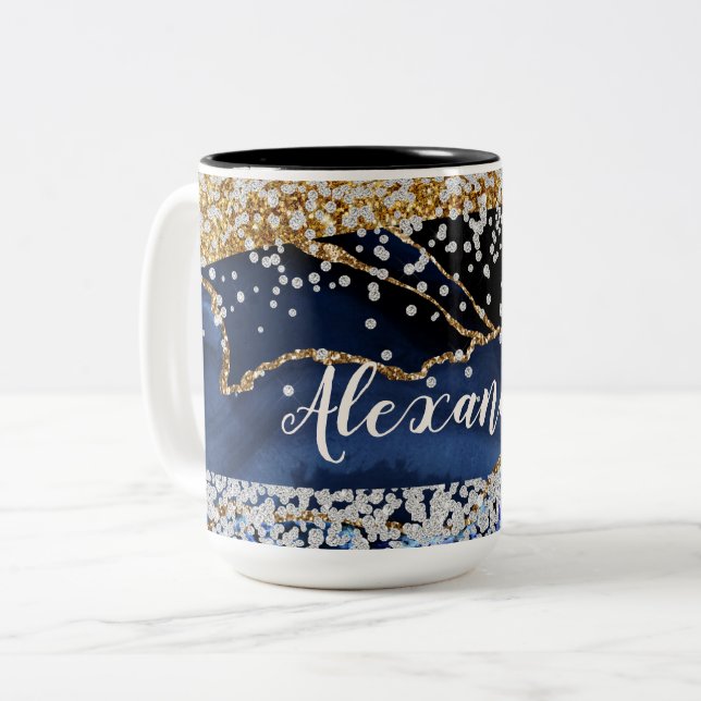 Blue Gold Agate with Gold & Diamond Accents  Two-Tone Coffee Mug (Front Left)