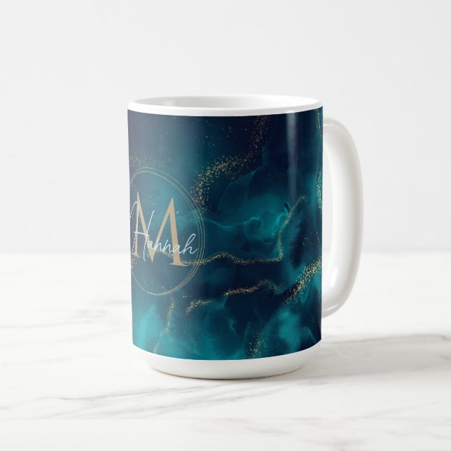 Blue Gold Alcohol Ink Art Deep Blue Ocean Coffee Mug (Front Right)