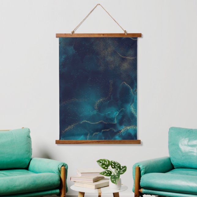 Blue Gold Alcohol Ink Art Deep Blue Ocean Hanging Tapestry (Living Room)