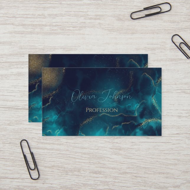 Blue Gold Alcohol Ink Art Deep Blue Sea Business Card (Front/Back In Situ)