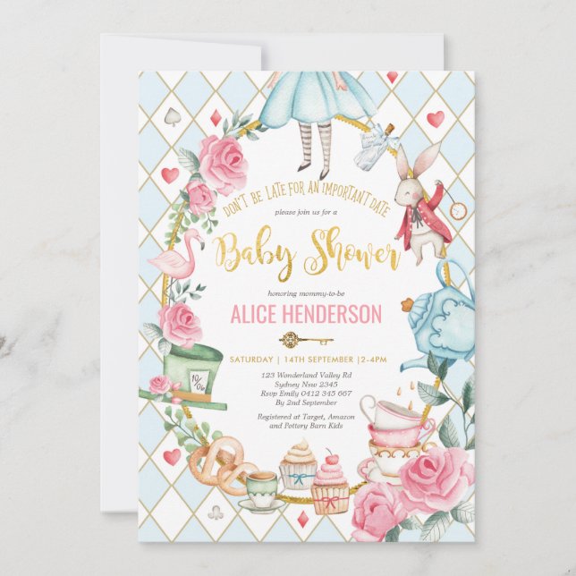 Blue Gold Alice in Wonderland Baby Shower Tea Invitation (Front)