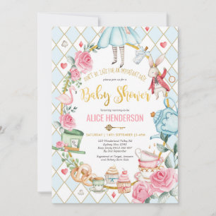 Blue Gold Alice in Wonderland Baby Shower Tea Invitation