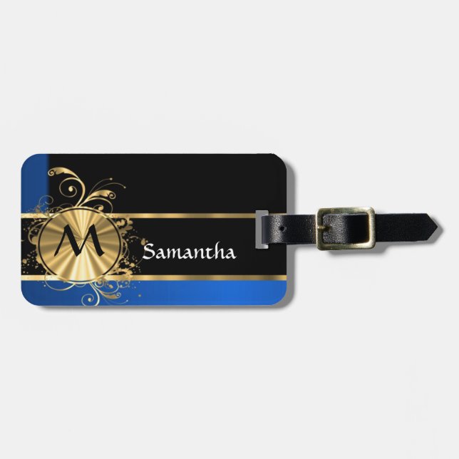 Blue gold and black monogram luggage tag (Front Horizontal)