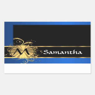 Blue gold and black monogram rectangular sticker