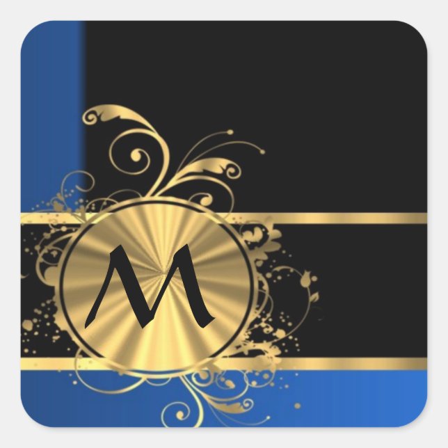 Blue gold and black monogram square sticker (Front)