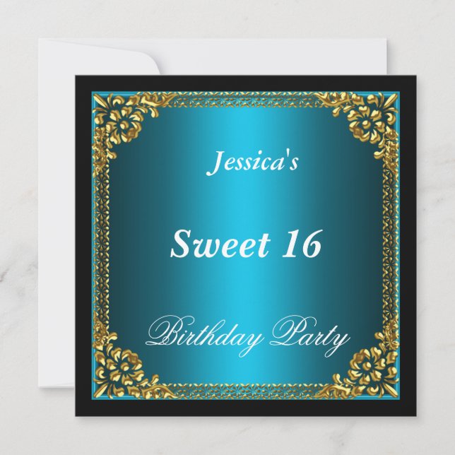 Blue Gold and Black Sweet 16 Birthday Party Invitation (Front)