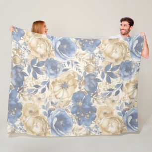 Blue Gold and Tan Floral  Fleece Blanket