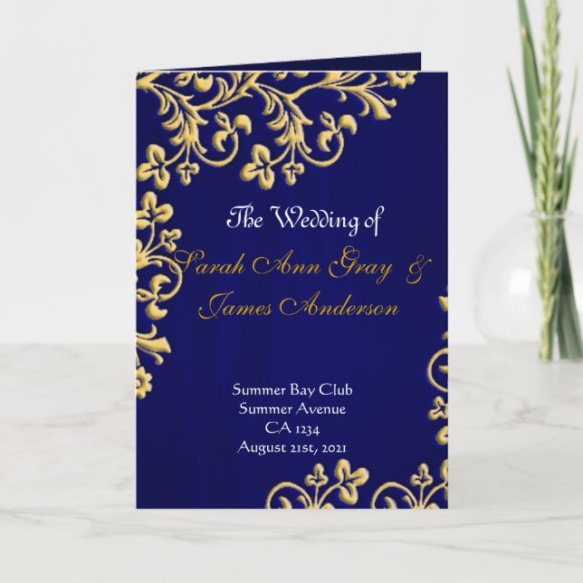 Blue gold and white brocade wedding program card (Front)