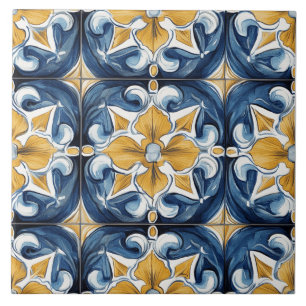 Blue, Gold and White Ceramic Tile