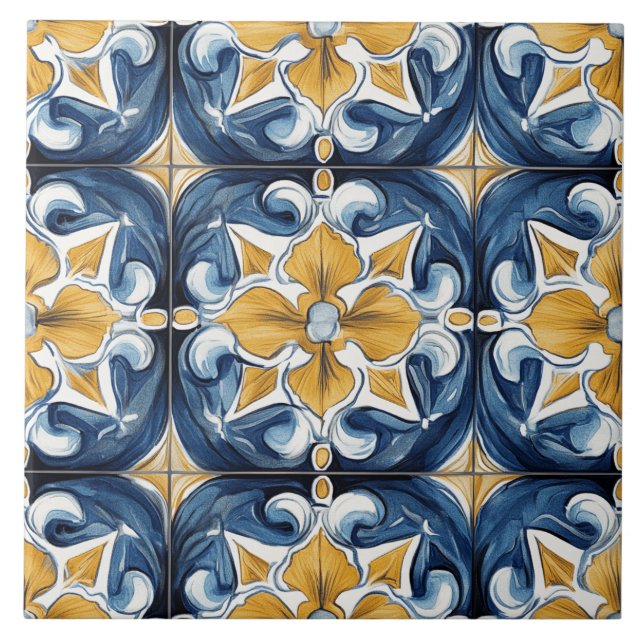 Blue, Gold and White Ceramic Tile (Front)