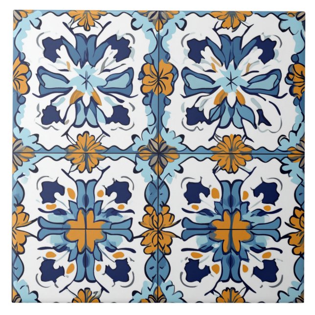 Blue, Gold and White Ceramic Tile (Front)