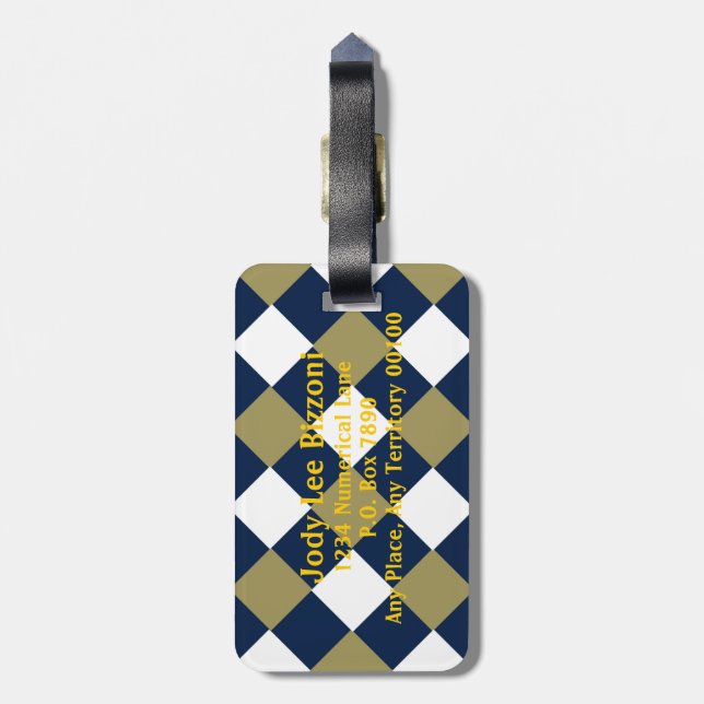 Blue Gold and White-Checked Luggage Tag (Back Vertical)
