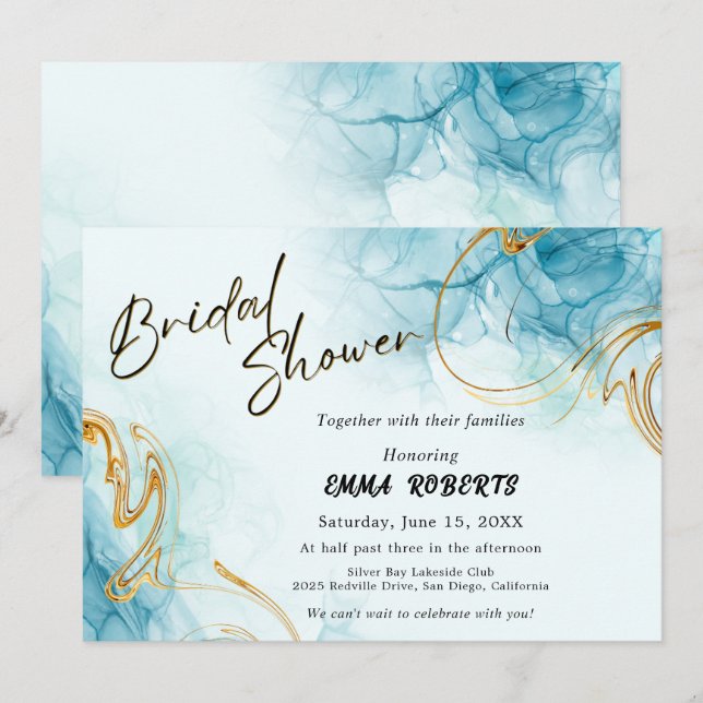 Blue Gold and White Elegant Watercolor Bridal  Invitation (Front/Back)