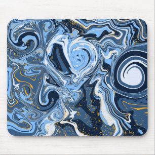 Blue, Gold and White Fluid Art Swirls Marble like Mouse Mat