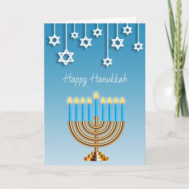 Blue Gold and White Menorah Happy Hanukkah Card (Front)