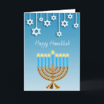 Blue Gold and White Menorah Happy Hanukkah Card<br><div class="desc">Blue Gold and white stars of David and Happy Hanukkah menorah personalised card.</div>