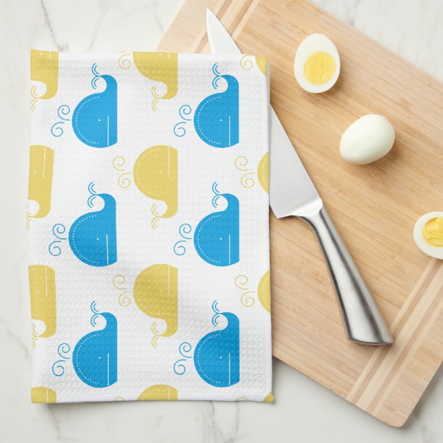 Blue Gold and White Whales Tea Towel (Quarter Fold)