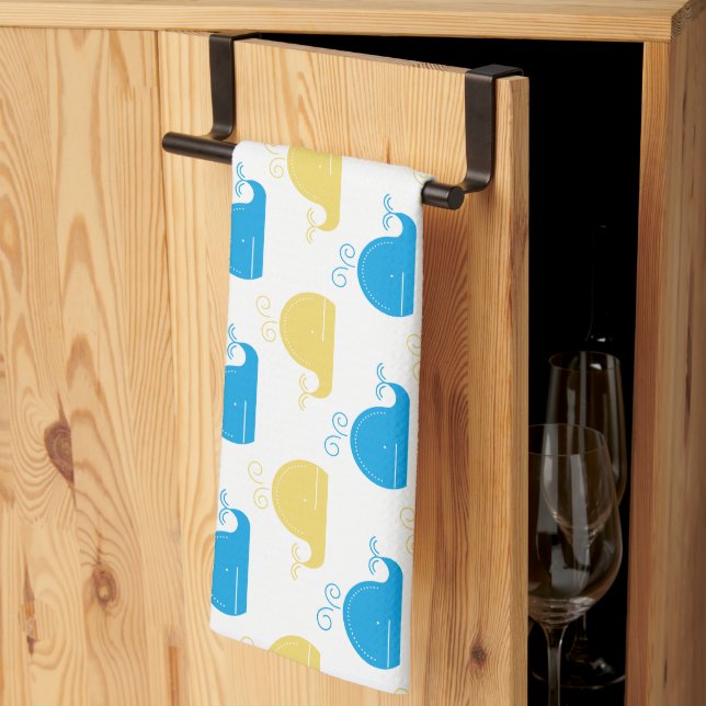 Blue Gold and White Whales Tea Towel (Thirds Fold)