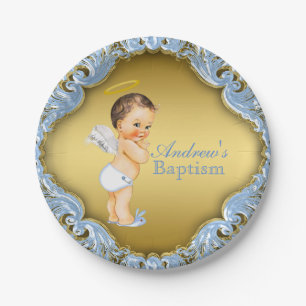 Blue Gold Angel Baby Boy Baptism Christening Paper Plate