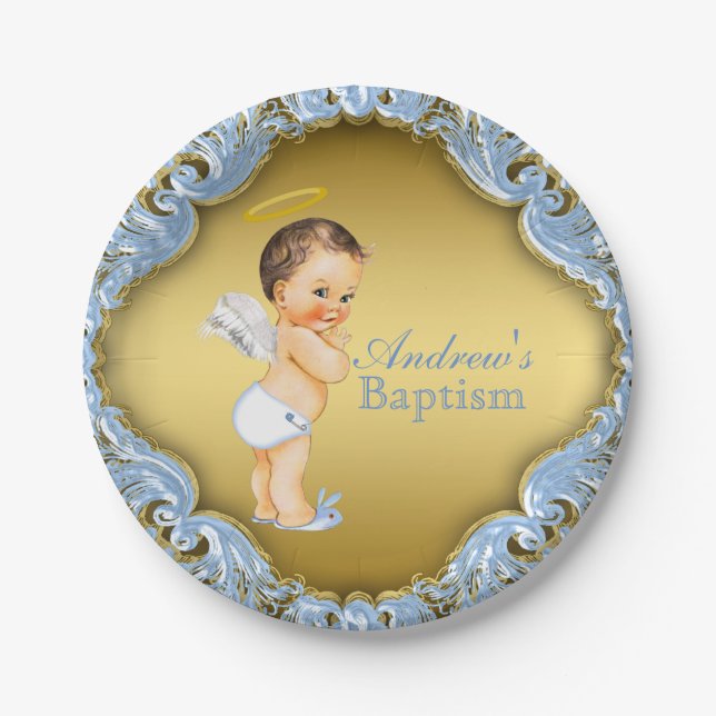 Blue Gold Angel Baby Boy Baptism Christening Paper Plate (Front)