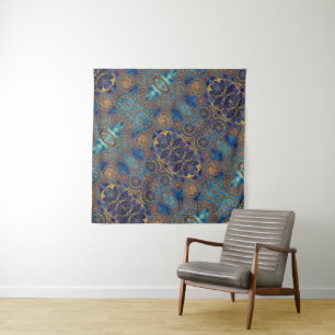 Blue Gold Aqua Stars Gears Celestial Patterns Tapestry